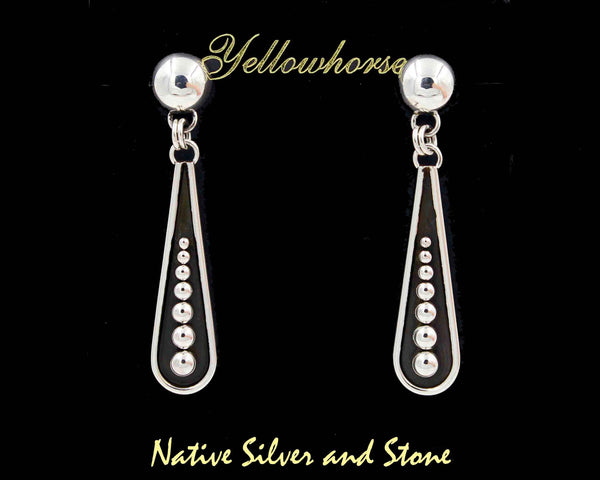Z Artie Yellowhorse -  Navajo<br>2-1/4" Earrings - Dangle Post<br>Elongated Teardrop "Bat" - Oxidized<br>with 7 Graduated Bead/Dot Accents<br>9mm Dome <br>Sterling Silver