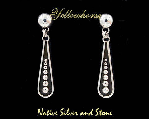 Z Artie Yellowhorse -  Navajo<br>2-1/4" Earrings - Dangle Post<br>Elongated Teardrop "Bat" - Oxidized<br>with 7 Graduated Bead/Dot Accents<br>9mm Dome <br>Sterling Silver