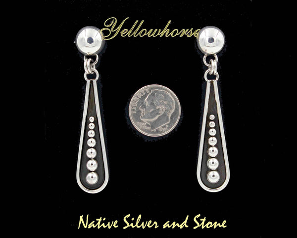 Z Artie Yellowhorse -  Navajo<br>2-1/4" Earrings - Dangle Post<br>Elongated Teardrop "Bat" - Oxidized<br>with 7 Graduated Bead/Dot Accents<br>9mm Dome <br>Sterling Silver