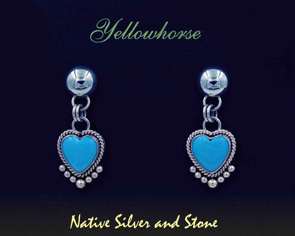 Z Artie Yellowhorse & Daughters<br>Navajo Jewelry<br>Earrings - Dangle Post w SS Dot<br>Heart Shaped Turquoise<br>Sleeping Beauty<br>w Sterling Silver Wire & Bead Accent