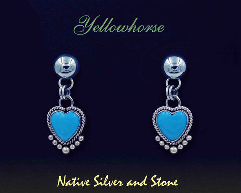 Z Artie Yellowhorse & Daughters<br>Navajo Jewelry<br>Earrings - Dangle Post w SS Dot<br>Heart Shaped Turquoise<br>Sleeping Beauty<br>w Sterling Silver Wire & Bead Accent