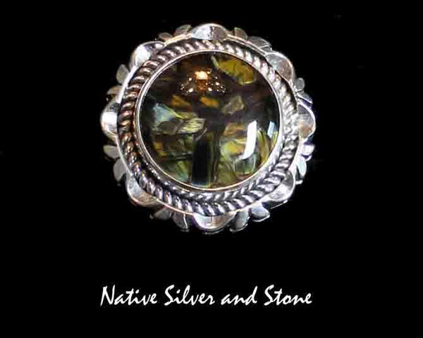 Z Artie Yellowhorse - Navajo <br>RPTSCP<br>1" Ring - Round-Medium<br>16mm Pietersite/Pietercite Gold/Olive<br>Single Twist & Sawcut w Pinches<br>Sterling Silver<br>Size 7 to 7-1/4