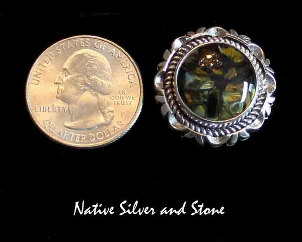 Z Artie Yellowhorse - Navajo <br>RPTSCP<br>1" Ring - Round-Medium<br>16mm Pietersite/Pietercite Gold/Olive<br>Single Twist & Sawcut w Pinches<br>Sterling Silver<br>Size 7 to 7-1/4