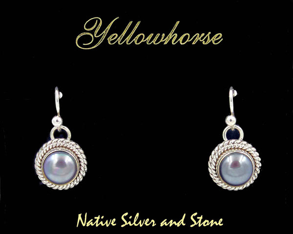 Z Artie Yellowhorse - Navajo<br>ERSHPDT<br>1/2" Earrings<br>8mm Grey - Dark<br>Freshwater Pearl<br>Double Twist - Large & Small<br>Hook<br>Sterling Silver