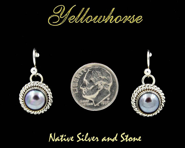 Z Artie Yellowhorse - Navajo<br>ERSHPDT<br>1/2" Earrings<br>8mm Grey - Dark<br>Freshwater Pearl<br>Double Twist - Large & Small<br>Hook<br>Sterling Silver