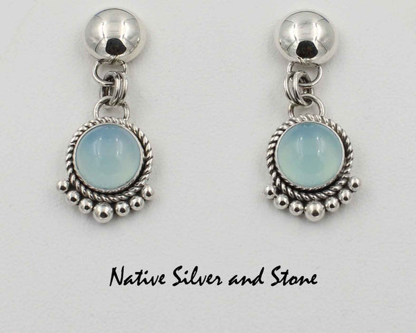 Z Artie Yellowhorse - Navajo<br>1-1/8" Earrings<br>10mm Chalcedony Rounds<br>Dome-Top<br>Twist & 7 Bead Bottom<br>Dangle Post<br>Sterling Silver