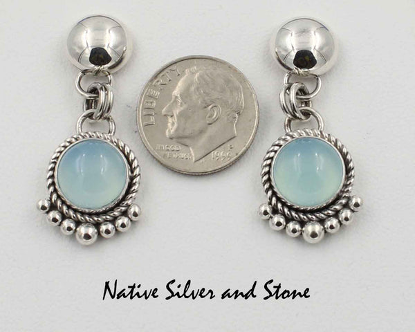 Z Artie Yellowhorse - Navajo<br>1-1/8" Earrings<br>10mm Chalcedony Rounds<br>Dome-Top<br>Twist & 7 Bead Bottom<br>Dangle Post<br>Sterling Silver