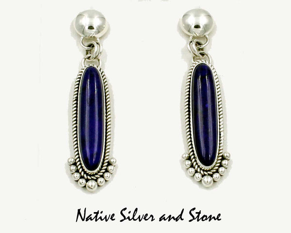 Z Artie Yellowhorse<br>Navajo<br>2-1/4" Earrings - Dangle Post/Stud<br>Silver Dome Top<br>Long Oval <br>Lapis Lazuli<br>Single Wire Perimeter<br>7 Silver Bead Bottom Accent