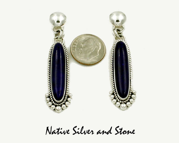 Z Artie Yellowhorse<br>Navajo<br>2-1/4" Earrings - Dangle Post/Stud<br>Silver Dome Top<br>Long Oval <br>Lapis Lazuli<br>Single Wire Perimeter<br>7 Silver Bead Bottom Accent