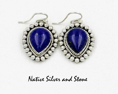 Z Artie Yellowhorse - Navajo<br>ERSHLTSB<br>Earrings - French Wire<br>Reverse Pear Shaped Lapis Lazuli<br>w Sterling Silver Wire & Bead Perimeter