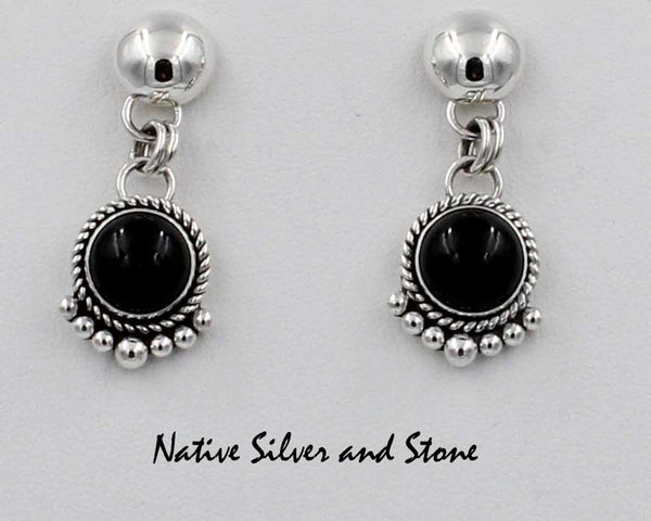 Z Artie Yellowhorse<br>Navajo Jewelry<br>Earrings - Dangle Post<br>Onyx Rounds<br>Suspended from Silver Domes with Sterling Silver Bead Perimeter