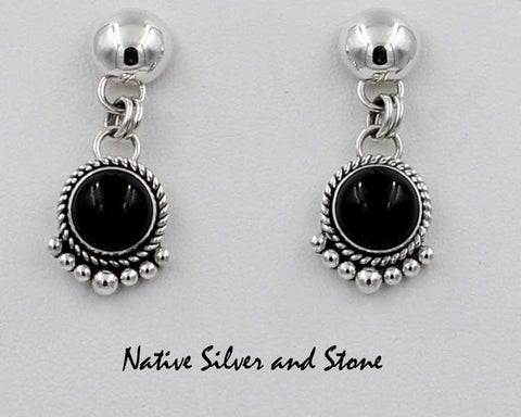 Z Artie Yellowhorse<br>Navajo Jewelry<br>Earrings - Dangle Post<br>Onyx Rounds<br>Suspended from Silver Domes with Sterling Silver Bead Perimeter