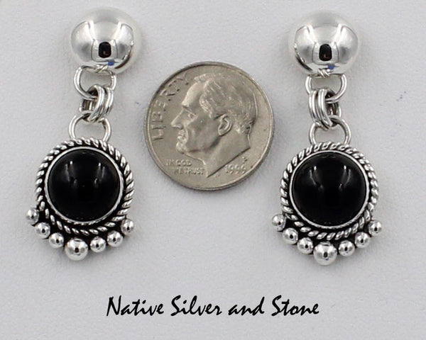 Z Artie Yellowhorse<br>Navajo Jewelry<br>Earrings - Dangle Post<br>Onyx Rounds<br>Suspended from Silver Domes with Sterling Silver Bead Perimeter