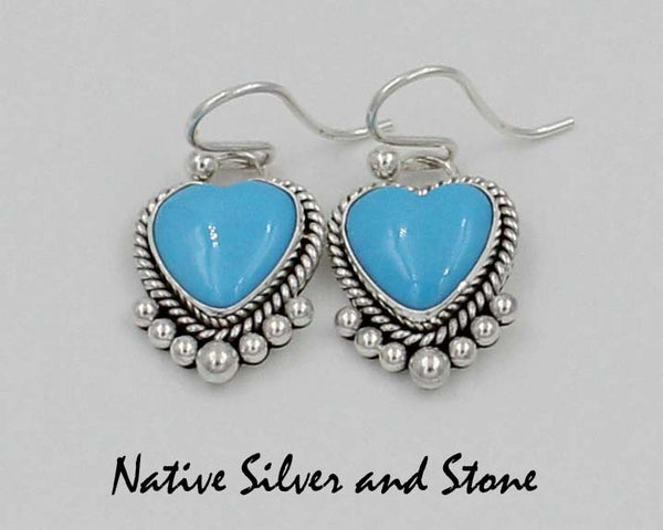 Z Artie Yellowhorse & Daughters<br>Navajo Jewelry<br>Earrings - French Wire<br>Heart Shaped Turquoise<br>Sleeping Beauty<br>w Sterling Silver Wire & Bead Perimeter