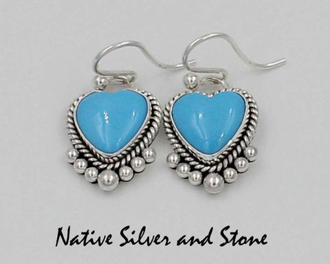 Z Artie Yellowhorse & Daughters<br>Navajo Jewelry<br>Earrings - French Wire<br>Heart Shaped Turquoise<br>Sleeping Beauty<br>w Sterling Silver Wire & Bead Perimeter