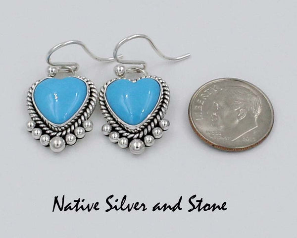 Z Artie Yellowhorse & Daughters<br>Navajo Jewelry<br>Earrings - French Wire<br>Heart Shaped Turquoise<br>Sleeping Beauty<br>w Sterling Silver Wire & Bead Perimeter