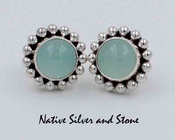 Z Artie Yellowhorse - Navajo<br>5/8" Earrings<br>Chalcedony Rounds<br>Frosted Green<br>Single Bead<br>Post<br>Sterling Silver