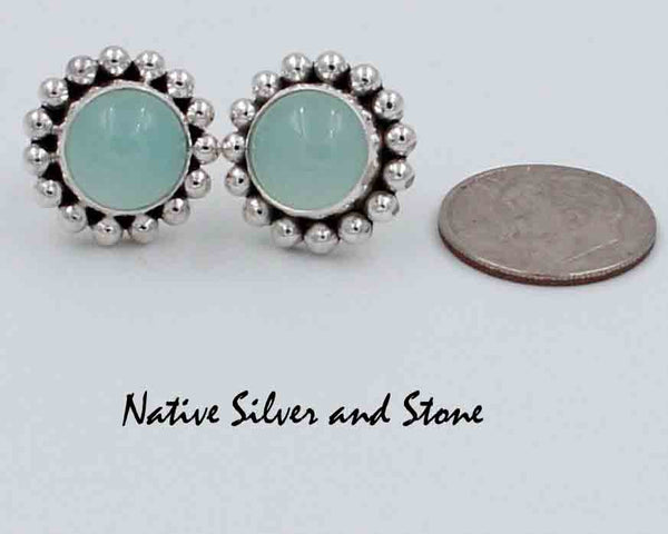Z Artie Yellowhorse - Navajo<br>5/8" Earrings<br>Chalcedony Rounds<br>Frosted Green<br>Single Bead<br>Post<br>Sterling Silver
