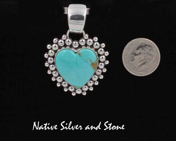 Z Artie Yellowhorse - Navajo<br>Pendant (only) <br>Kingman Turquoise Heart<br>Multi-dot Beaded<br>Sterling Silver Perimeter
