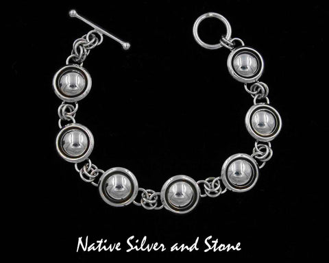 Artie Yellowhorse - Navajo<br>Bracelet Link<br>17/32" Rounds All-Silver<br>Shadowbox<br>Sterling Silver<br>Size 6-1/2 to 7
