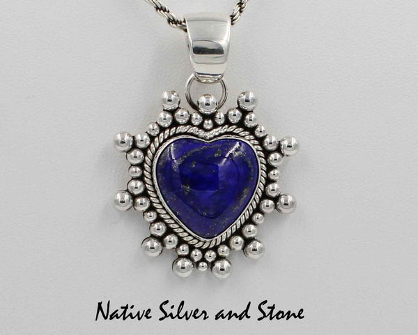 Z Artie Yellowhorse - Navajo<br>Pendant (only) <br>Lapis Lazuli Heart<br>Beaded Sterling Silver Perimeter