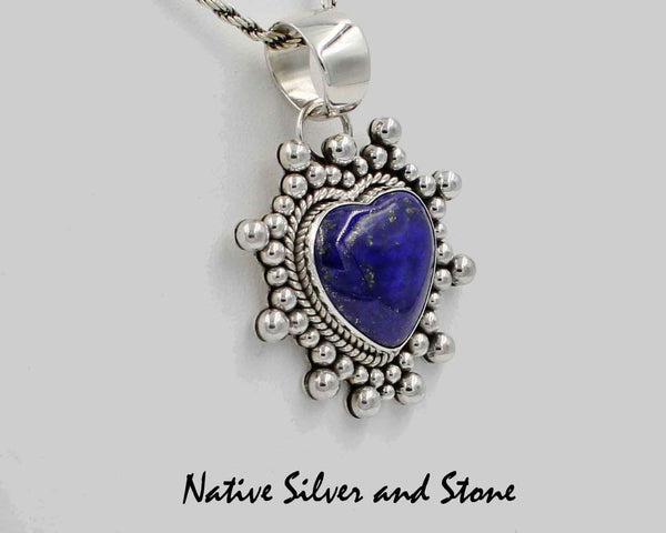 Z Artie Yellowhorse - Navajo<br>Pendant (only) <br>Lapis Lazuli Heart<br>Beaded Sterling Silver Perimeter