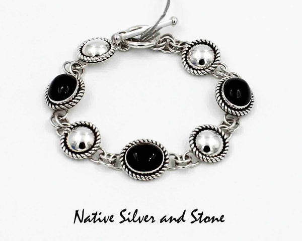 Artie Yellowhorse - Navajo<br>Bracelet - Link<br>Onyx Ovals & Silver Rounds<br>Alternating<br> Rope Twist<br>Sterling Silver