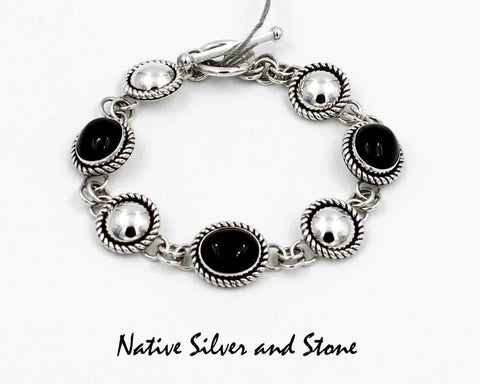 Artie Yellowhorse - Navajo<br>Bracelet - Link<br>Onyx Ovals & Silver Rounds<br>Alternating<br> Rope Twist<br>Sterling Silver