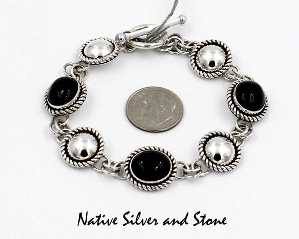 Artie Yellowhorse - Navajo<br>Bracelet - Link<br>Onyx Ovals & Silver Rounds<br>Alternating<br> Rope Twist<br>Sterling Silver