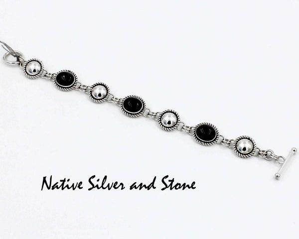 Artie Yellowhorse - Navajo<br>Bracelet - Link<br>Onyx Ovals & Silver Rounds<br>Alternating<br> Rope Twist<br>Sterling Silver