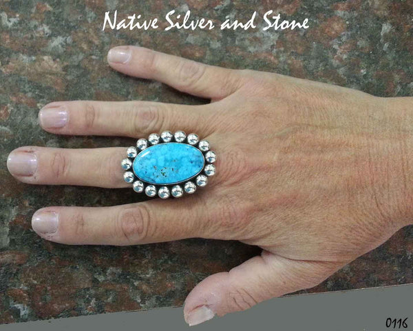 Z Artie Yellowhorse - Navajo Jewelry<br>Ring - Large Oval - Kingman Turquoise<br>with Large Sterling Silver Beaded Perimeter Size 7.5
