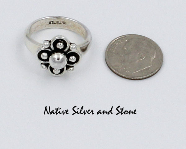 Artie Yellowhorse - Navajo<br>5/8" Ring<br>4 Leaf Clover/Flower - Small<br>Shadowbox<br>Sterling Silver<br>Sizes: 8-1/2