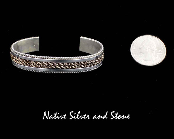 Z Tahe, Franklin & Verna - Navajo<br>7/16"  Bracelet Cuff<br>12k Gold Fill & Sterling Silver<br>Double Rope Center<br>Flat Bar & Twist Wire Flanks<br>Size: 6-1/8" Small-Medium
