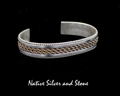 Z Tahe, Franklin & Verna - Navajo<br>7/16"  Bracelet Cuff<br>12k Gold Fill & Sterling Silver<br>Double Rope Center<br>Flat Bar & Twist Wire Flanks<br>Size: 6-1/8" Small-Medium