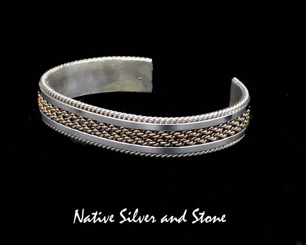 Z Tahe, Franklin & Verna - Navajo<br>7/16"  Bracelet Cuff<br>12k Gold Fill & Sterling Silver<br>Double Rope Center<br>Flat Bar & Twist Wire Flanks<br>Size: 6-1/8" Small-Medium
