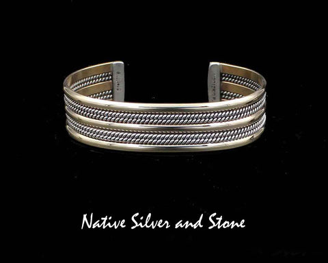 Z Franklin & Verna Tahe, Navajo<br>5/8"  Bracelet Cuff<br>12k Gold Fill & Sterling Silver<br>Triple Dome Bars<br>Two Sets Double Twist Wire<br>Size: 6-7/16" Medium