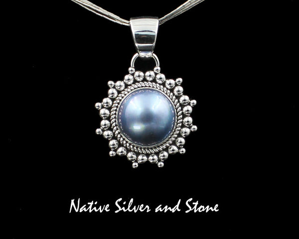 Z Artie Yellowhorse - Navajo<br>1-1/4"  Pendant<br>17mm Grey-Blue Pearl<br>Single Twist & Burst Bead<br>Sterling Silver