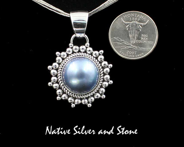 Z Artie Yellowhorse - Navajo<br>1-1/4"  Pendant<br>17mm Grey-Blue Pearl<br>Single Twist & Burst Bead<br>Sterling Silver