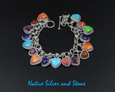 Z Artie Yellowhorse - Navajo<br>BLMIXDT<br>Bracelet - Link<br>18 Hearts - Various Stones<br>Turquoise, Lapis, Gaspiete,<br>Purple & Orange Spiny<br>Single Twist<br>Size ~6-1/4 to 6-3/4