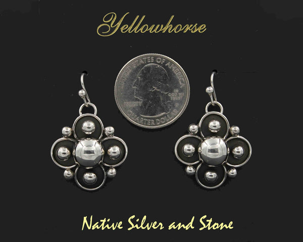 Artie Yellowhorse - Navajo<br>ERSASCL<br>1" Earrings<br>4 Leaf Clover/Flower (Large)<br>Shadowbox<br>Hook<br> Sterling Silver