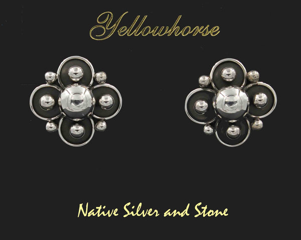 Z Artie Yellowhorse - Navajo<br>1" Earrings<br>4 Leaf Clover/Flower (Large)<br>Shadowbox<br>Post<br>Sterling Silver