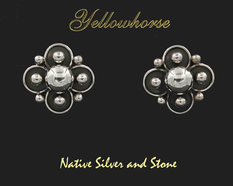 Z Artie Yellowhorse - Navajo<br>1" Earrings<br>4 Leaf Clover/Flower (Large)<br>Shadowbox<br>Post<br>Sterling Silver