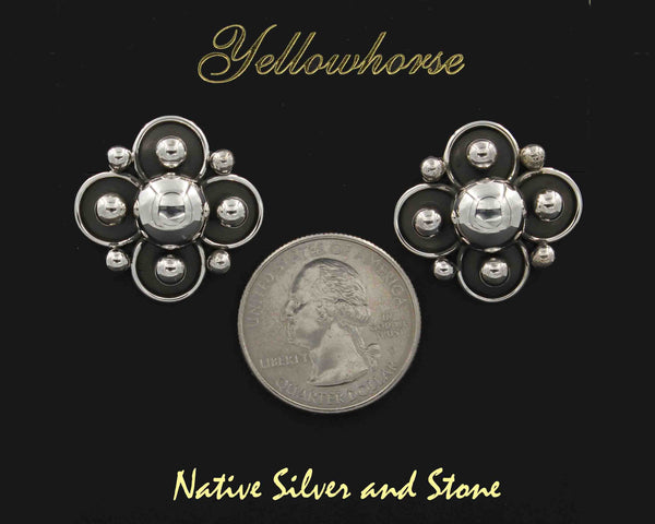 Z Artie Yellowhorse - Navajo<br>1" Earrings<br>4 Leaf Clover/Flower (Large)<br>Shadowbox<br>Post<br>Sterling Silver