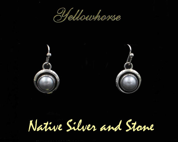 Z Artie Yellowhorse - Navajo<br>9/16" Earrings<br>8mm Grey - Medium<br>Freshwater Pearl<br>Shadowbox<br>Hook<br>Sterling Silver