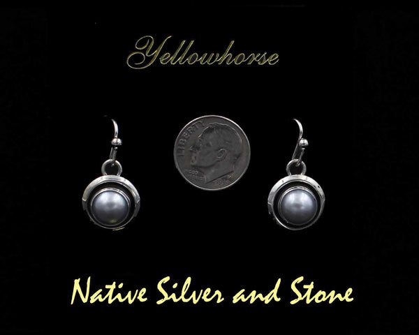 Z Artie Yellowhorse - Navajo<br>9/16" Earrings<br>8mm Grey - Medium<br>Freshwater Pearl<br>Shadowbox<br>Hook<br>Sterling Silver
