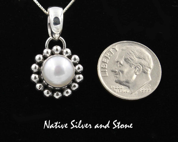 Artie Yellowhorse - Navajo<br>9/16" Pendant<br>9mm White<br>Freshwater Pearl<br>Single Bead<br>Sterling Silver