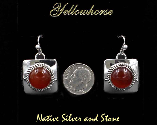 Artie Yellowhorse - Navajo<br>3/4"  Earrings <br>12mm Carnelian Rounds<br>Square Silver<br>Single Twist<br>Hook<br>Sterling Silver