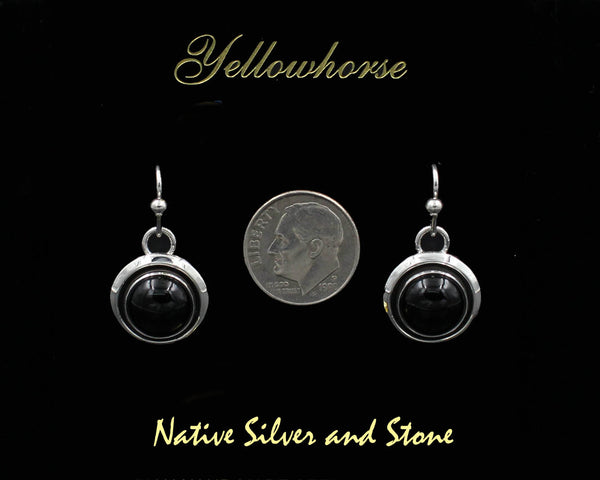 Z Artie Yellowhorse - Navajo<br>5/8" Earrings - Round<br>Shadowbox<br>10mm Onyx<br>Hook<br>Sterling Silver
