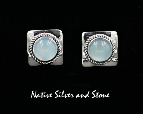 Z Artie Yellowhorse - Navajo<br>5/8" Earrings<br>10mm Chalcedony Round<br>Square<br>Twistwire<br>Post<br>Sterling Silver