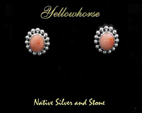 Z Artie Yellowhorse - Navajo<br>3/4" Earrings - Post<br>10mm Pink Coral Ovals<br>Single Bead<br>Sterling Silver